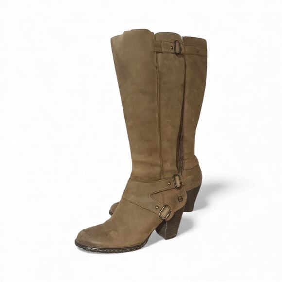 Born ~ Brown Nu Buck Knee High Stacked Heel Boots Size 7 Size Full Zip Buckle - Picture 1 of 8
